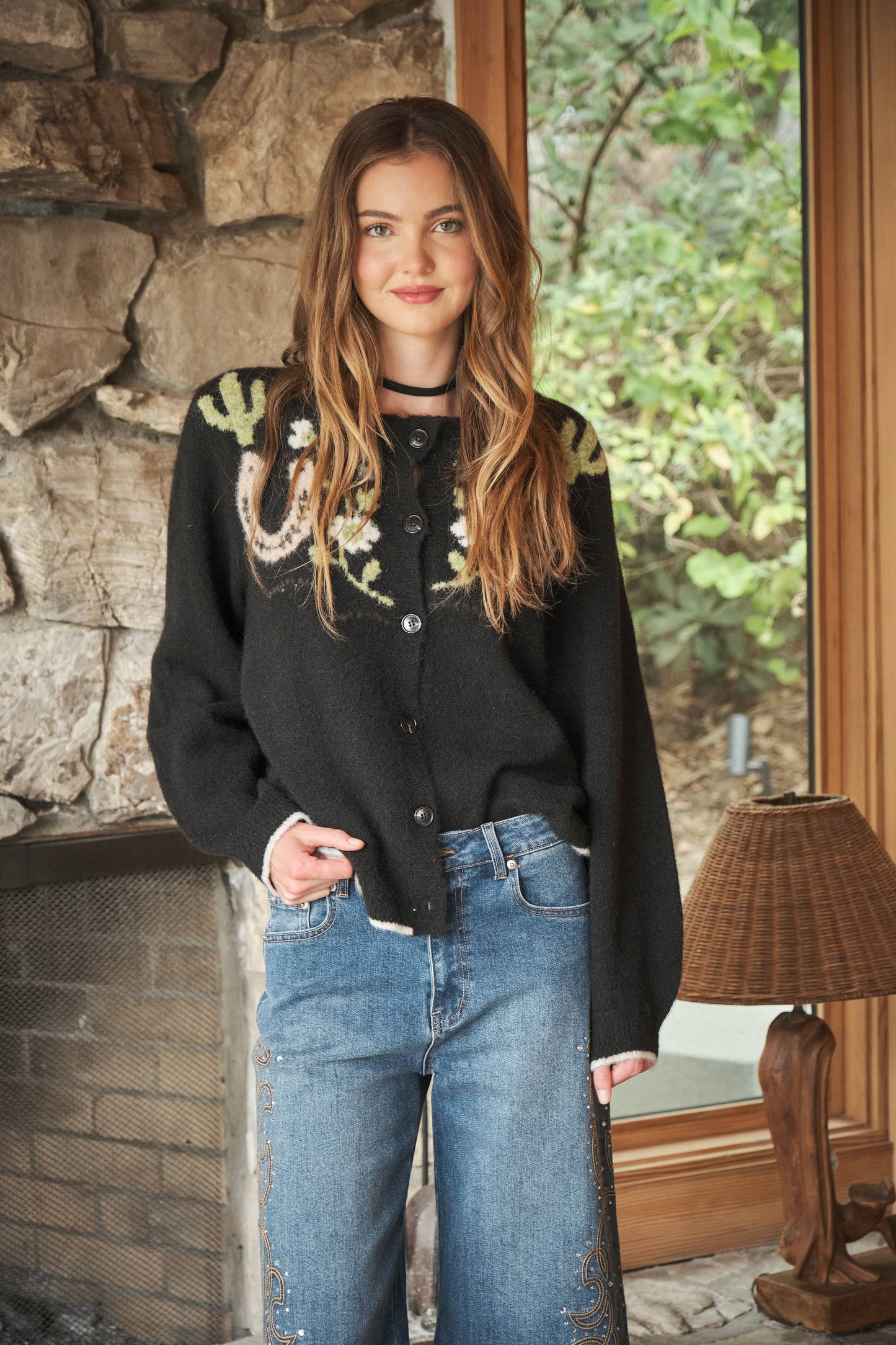 Cactus Cutie Western Graphic Sweater Cardigan: CHARCOAL
