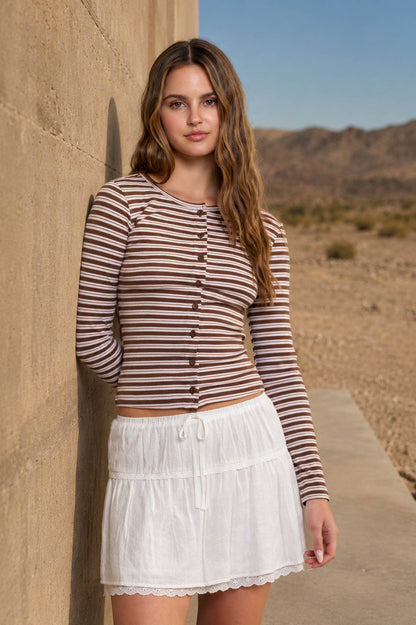 BUTTON DOWN CREW NECK STRIPED LONG SLEEVE KNIT TOP: BURGUNDY MULTI