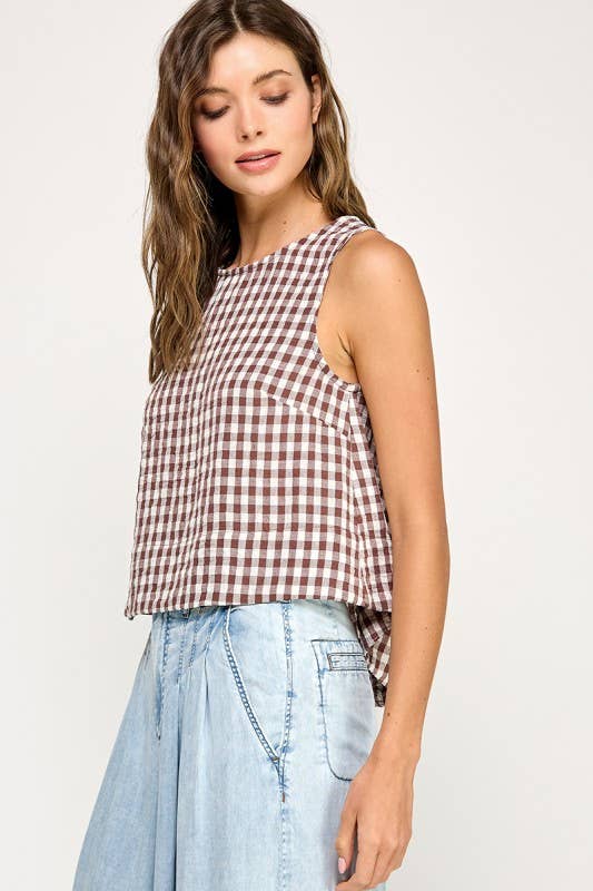 The Ginny Gingham Linen Tank: Mocha Brown