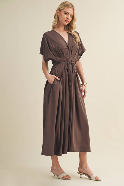 Drawstring Waist Dolman Sleeve Dress: COCOA POWDER