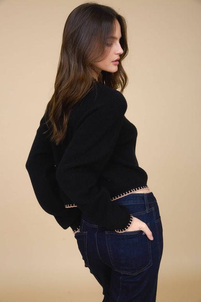 Julie Contrast Stitch Trim Button Down Knit Cardigan: Black