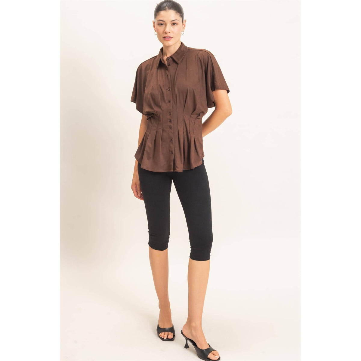 Suede Button-Down Blouse: CAMEL / S-M-L(2-2-2)