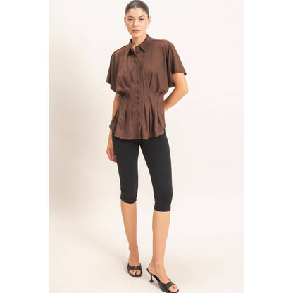 Suede Button-Down Blouse: CAMEL / S-M-L(2-2-2)