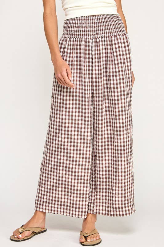 The Ginny Gingham Wide Leg Linen Pants: Mocha Brown