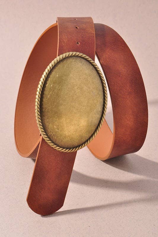 Western Oval Buckle Leather Belt IW36008: Cognac