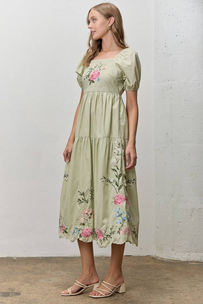 Lily Rose Embroidered Tiered Midi Dress: Sage