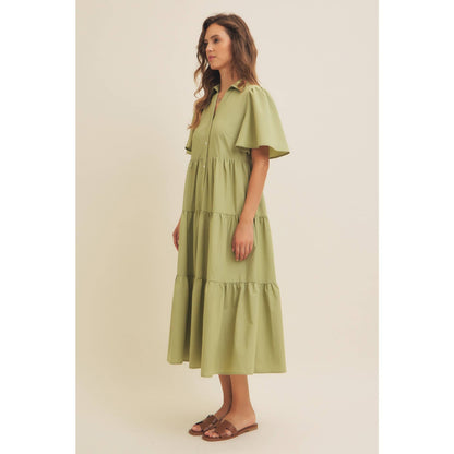Savannah Flutter Sleeved Button-Down Shirt Midi Dress: Lt Olive