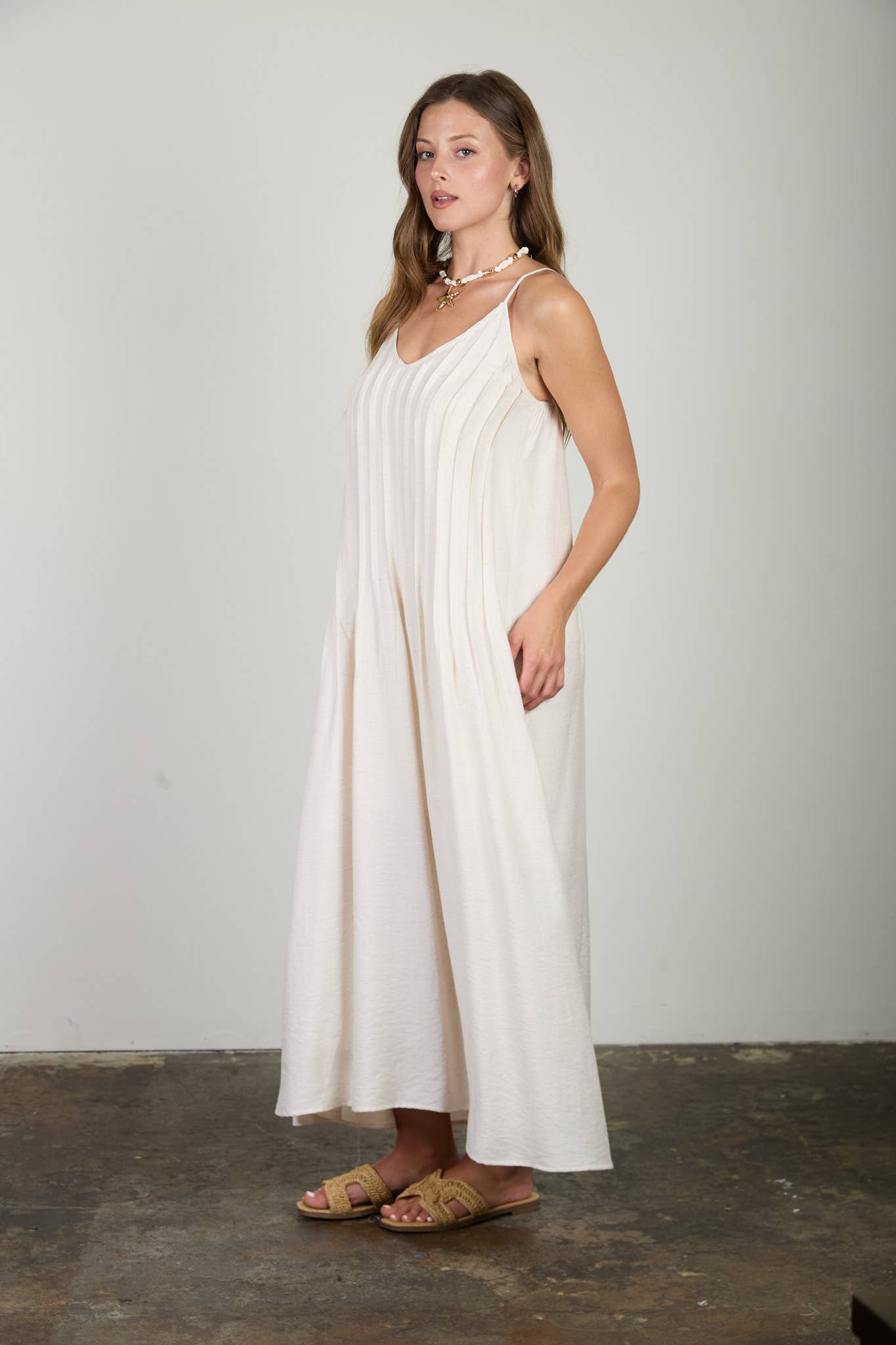 Luna Pleated Pintuck Detail Spaghetti Strap Maxi Dress: Natural