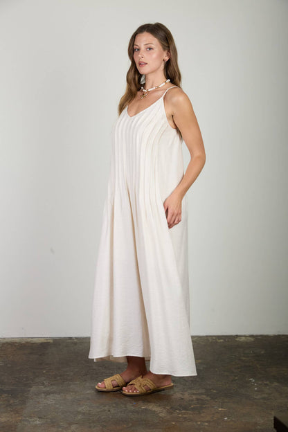 Luna Pleated Pintuck Detail Spaghetti Strap Maxi Dress: Natural