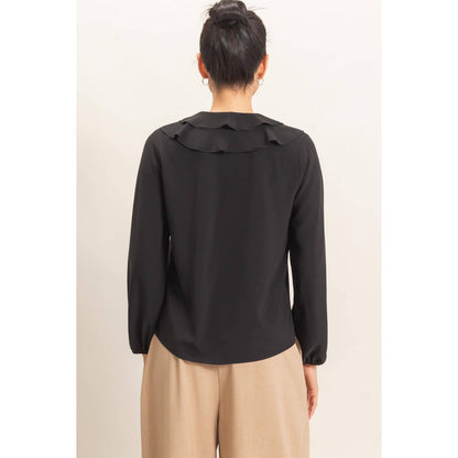 Ruffled V-Neck Button-Up Blouse: TEAL / S-M-L(2-2-2)