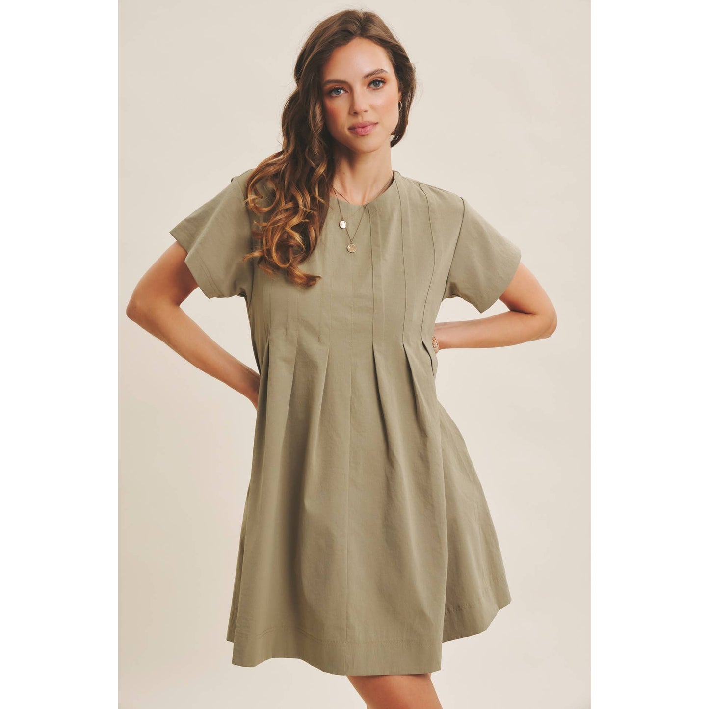 Easygoing Pleated Detail Mini Dress with Pockets: Olive
