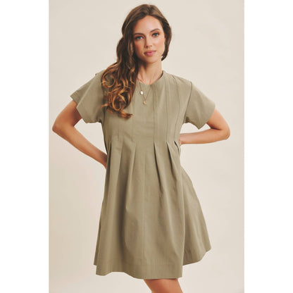 Easygoing Pleated Detail Mini Dress with Pockets: Olive