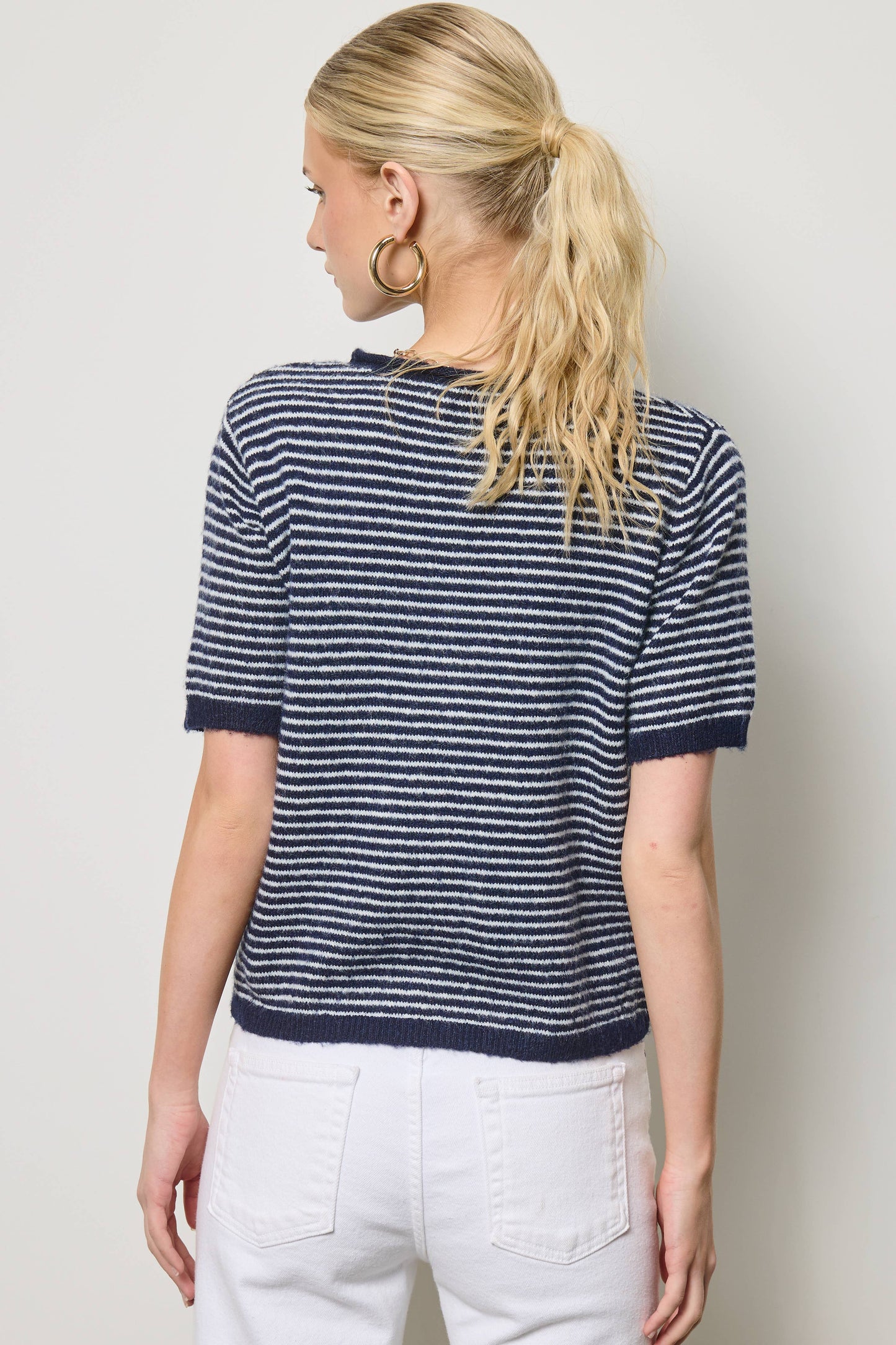 Mae Striped Short Sleeve Button Cardigan: Navy