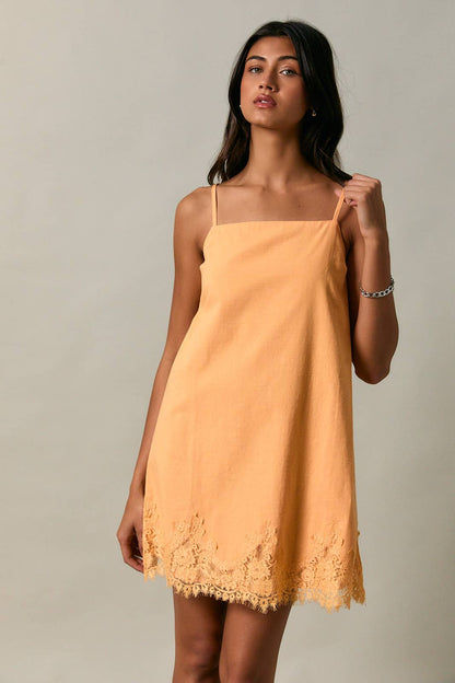 Clementine Lace Trim Spaghetti Shift Mini Dress: Orange