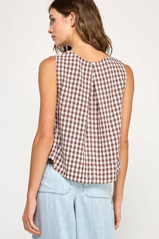 The Ginny Gingham Linen Tank: Mocha Brown