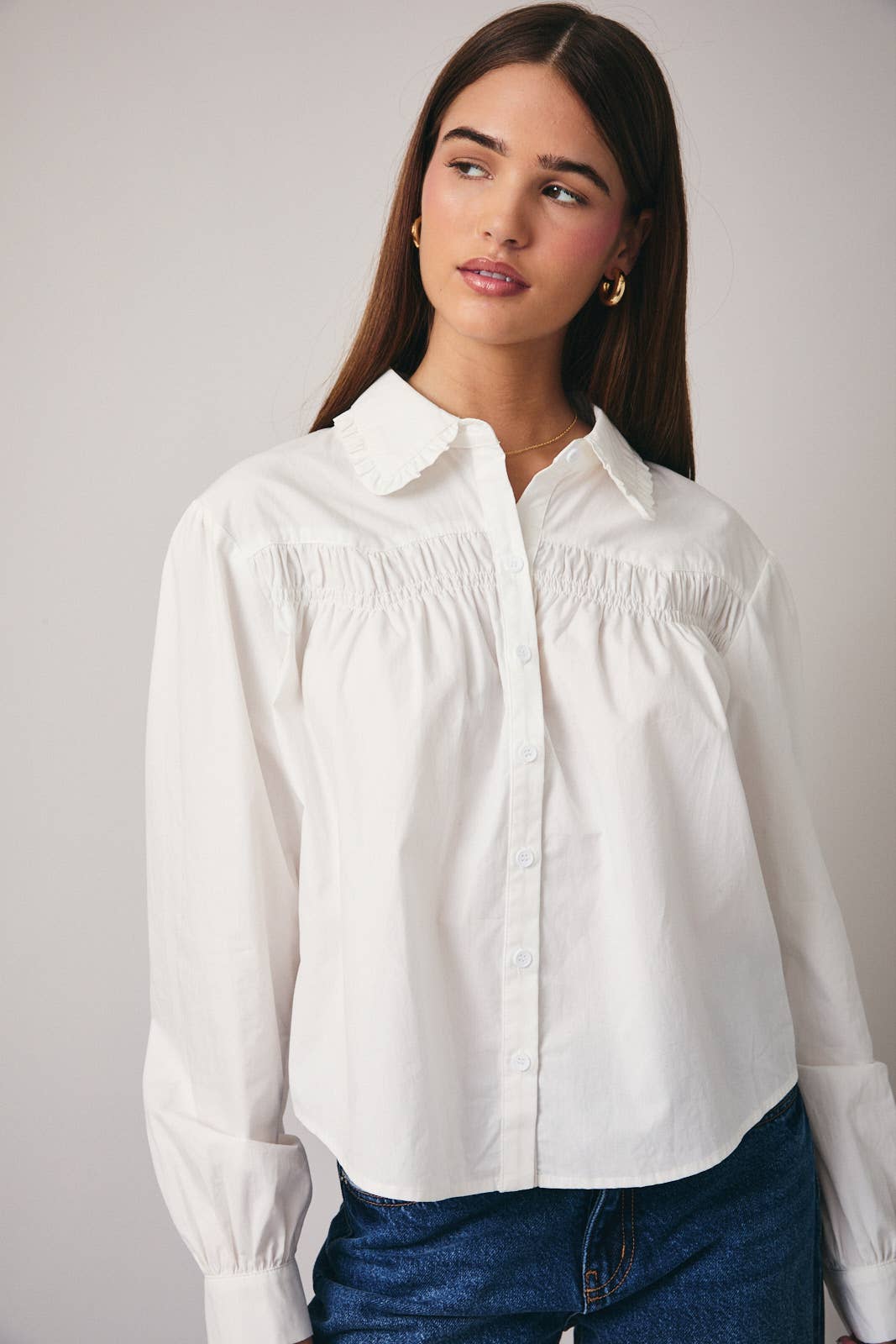 April Long Sleeve Shirring Detail Button Down Shirt: White