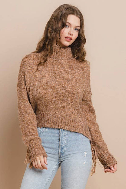 Gilded Knit Fringe Detail Turtle Neckline Sweater: CAMEL