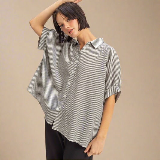 Blackjack Drop Shoulder Striped Button Down Shirt: BLACK/WHITE