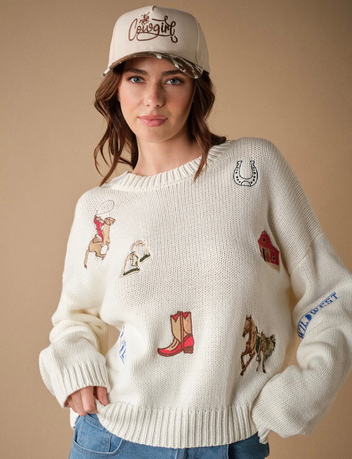Giddy Up Embroidered Crew Neck Sweater: Off White