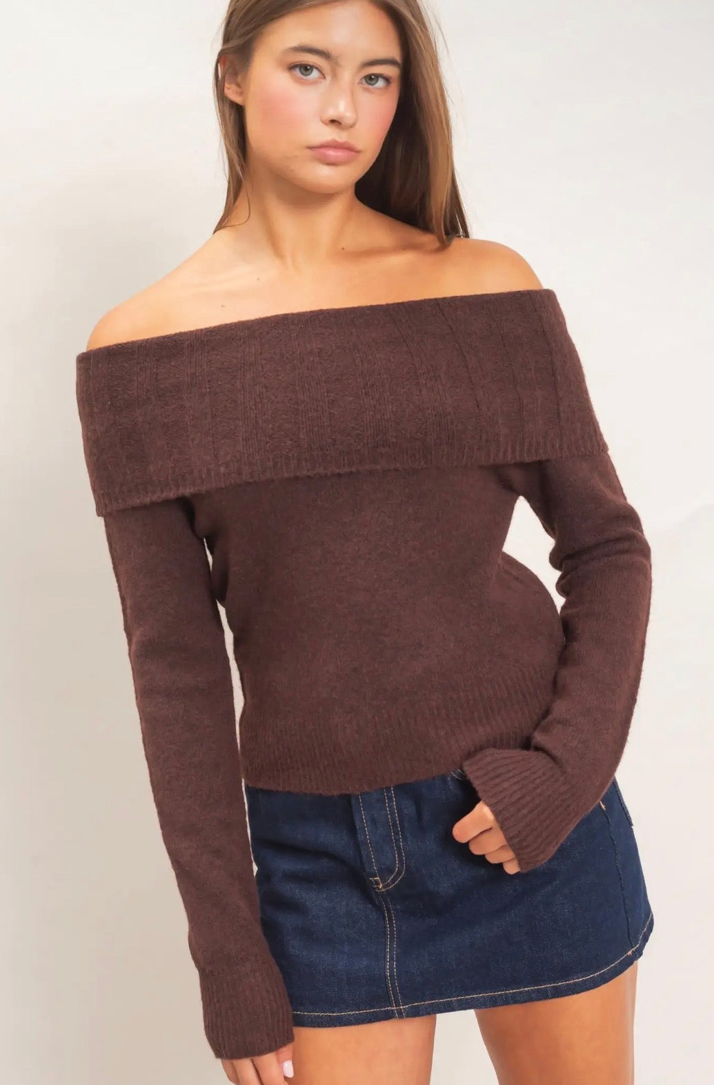 Brenna Foldover Off-Shoulder Long Sleeve Sweater Top: Brown