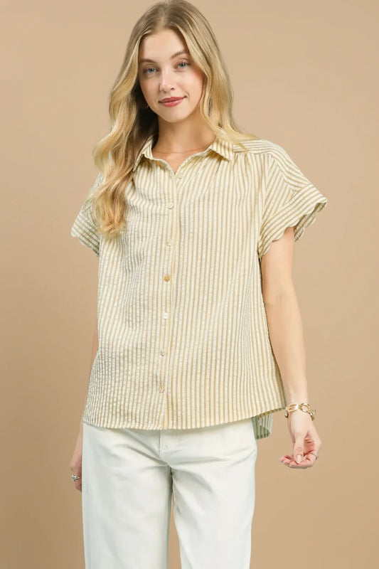 Kenna Button Down Scallop Stripe Top: Latte