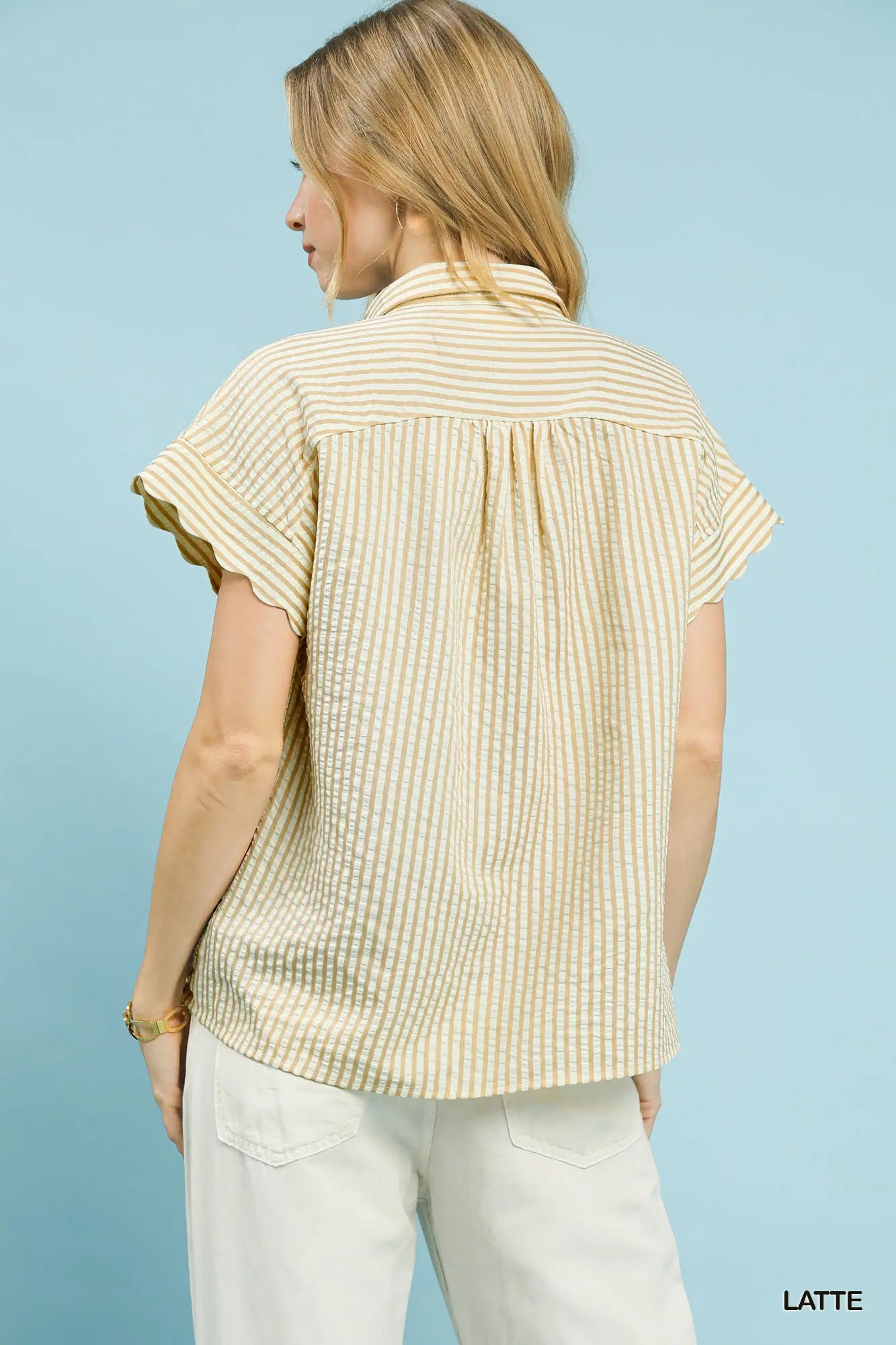 Kenna Button Down Scallop Stripe Top: Latte