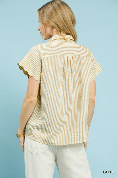 Kenna Button Down Scallop Stripe Top: Latte