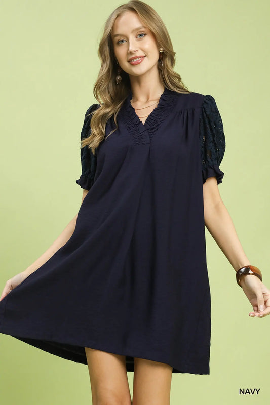 Lory Lace Puff Sleeve Smocked V-Neck Babydoll Dress: Navy