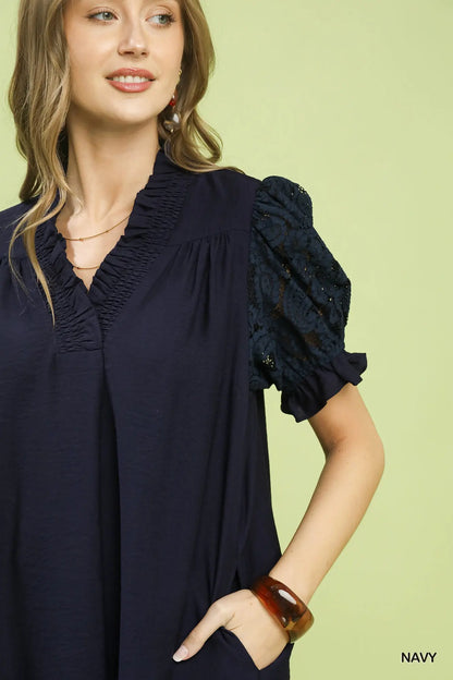 Lory Lace Puff Sleeve Smocked V-Neck Babydoll Dress: Navy