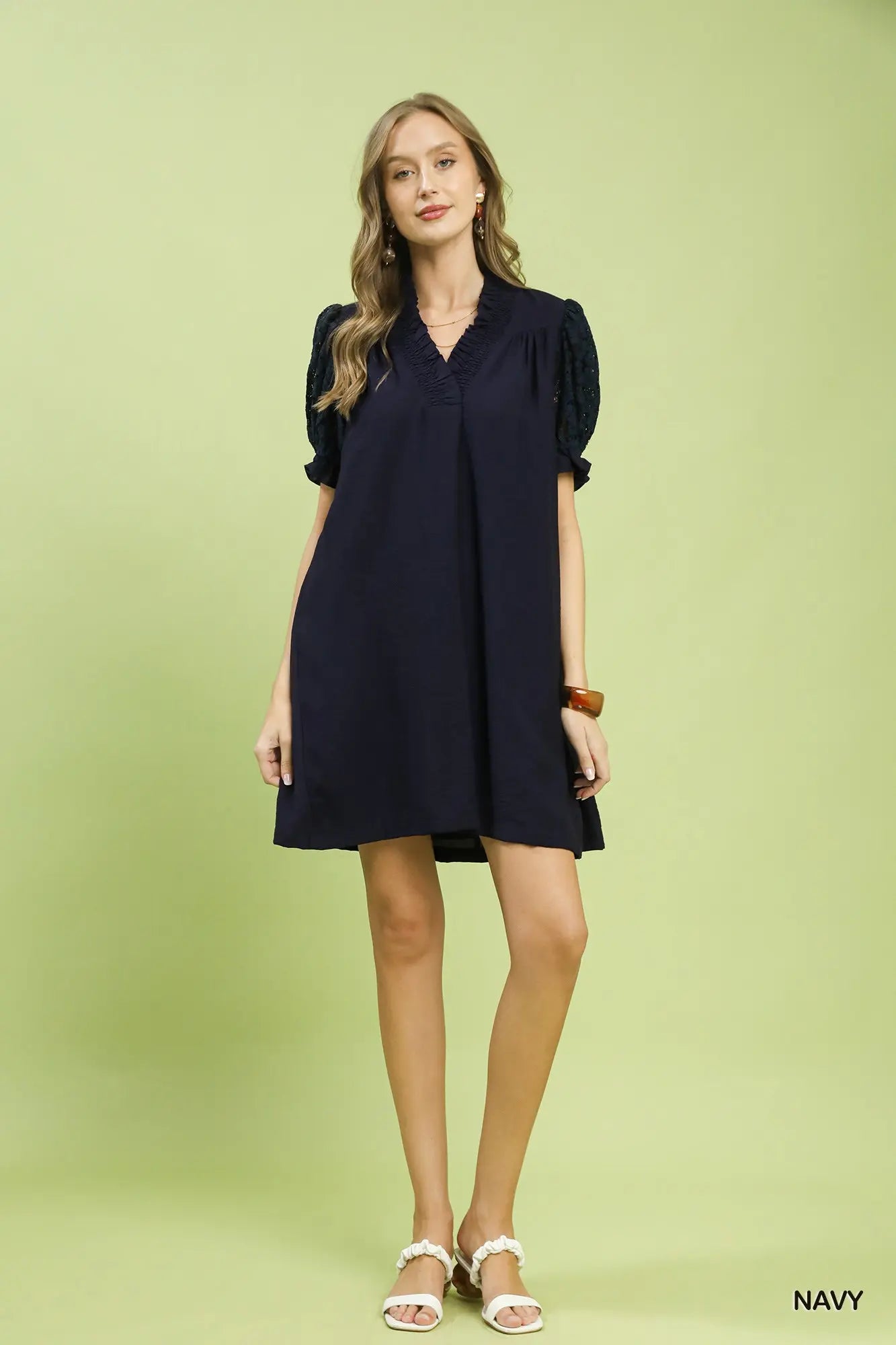 Lory Lace Puff Sleeve Smocked V-Neck Babydoll Dress: Navy