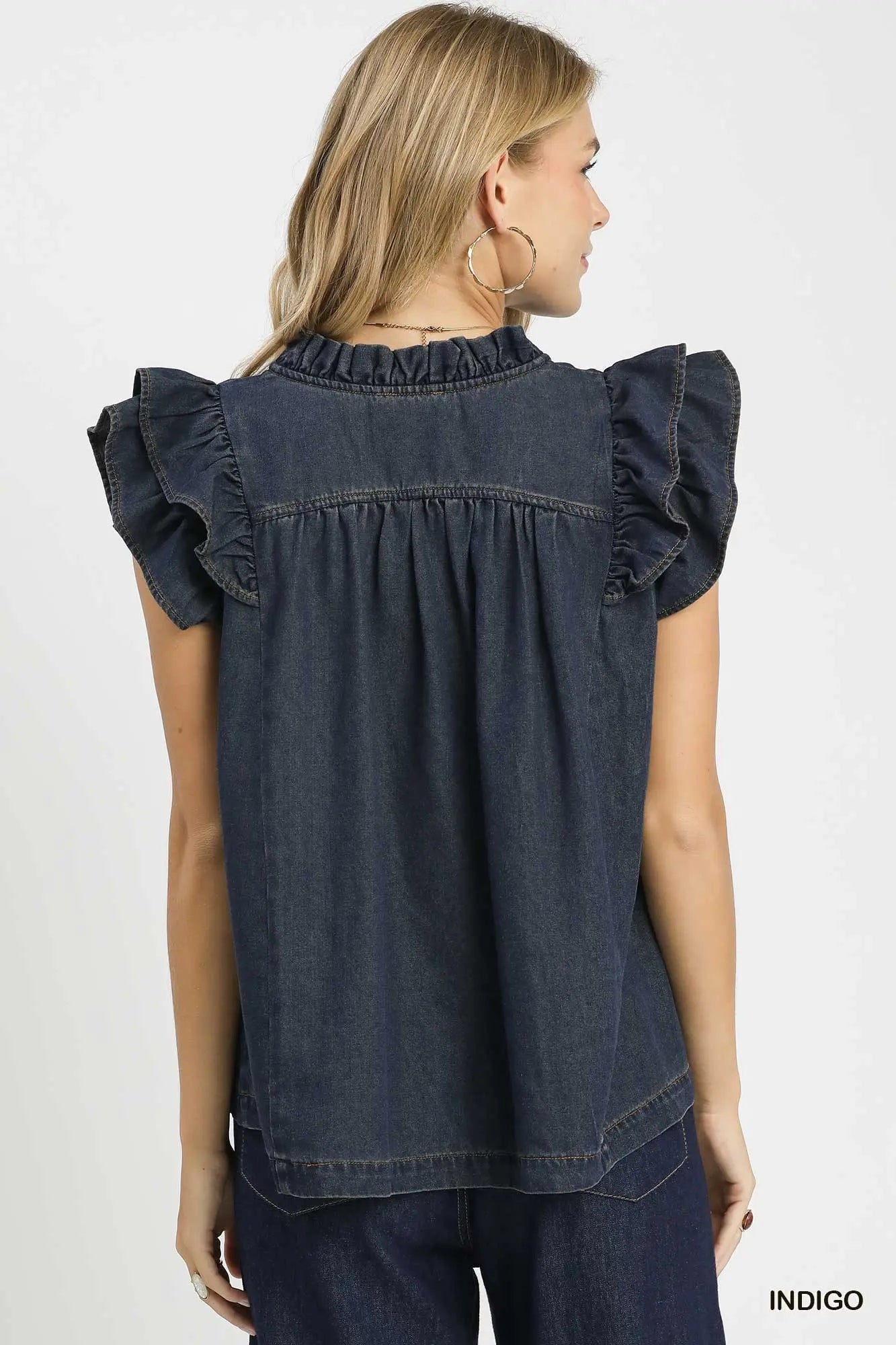 Maren Chambray Ruffle Top: Indigo Denim