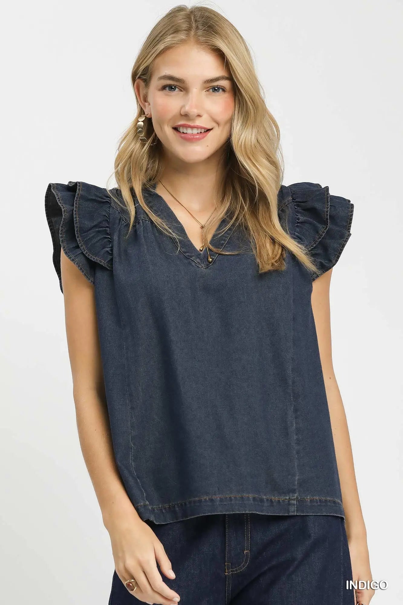 Maren Chambray Ruffle Top: Indigo Denim