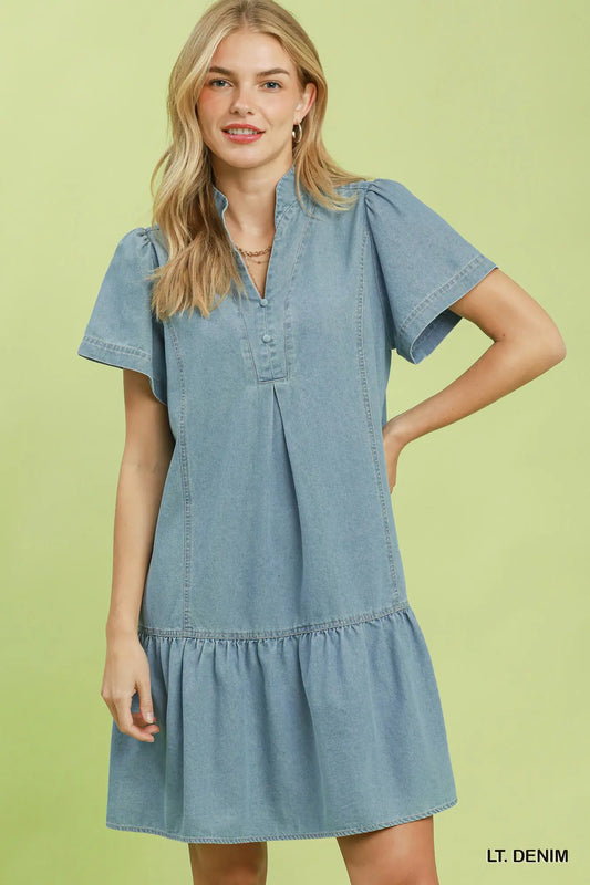 Collins Denim Ruffle Hem Mini Dress