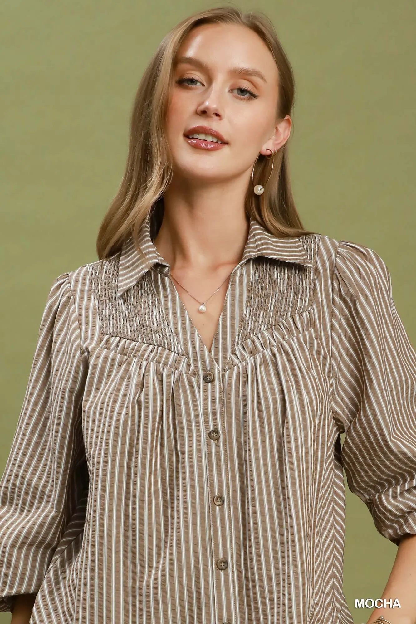 Harper Smocked Chambray Button Down Blouse: Mocha