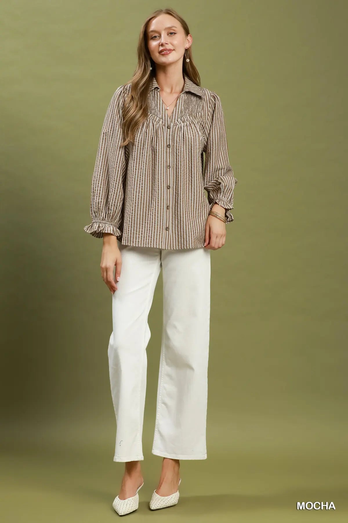 Harper Smocked Chambray Button Down Blouse: Mocha