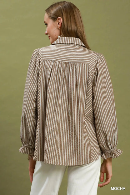 Harper Smocked Chambray Button Down Blouse: Mocha