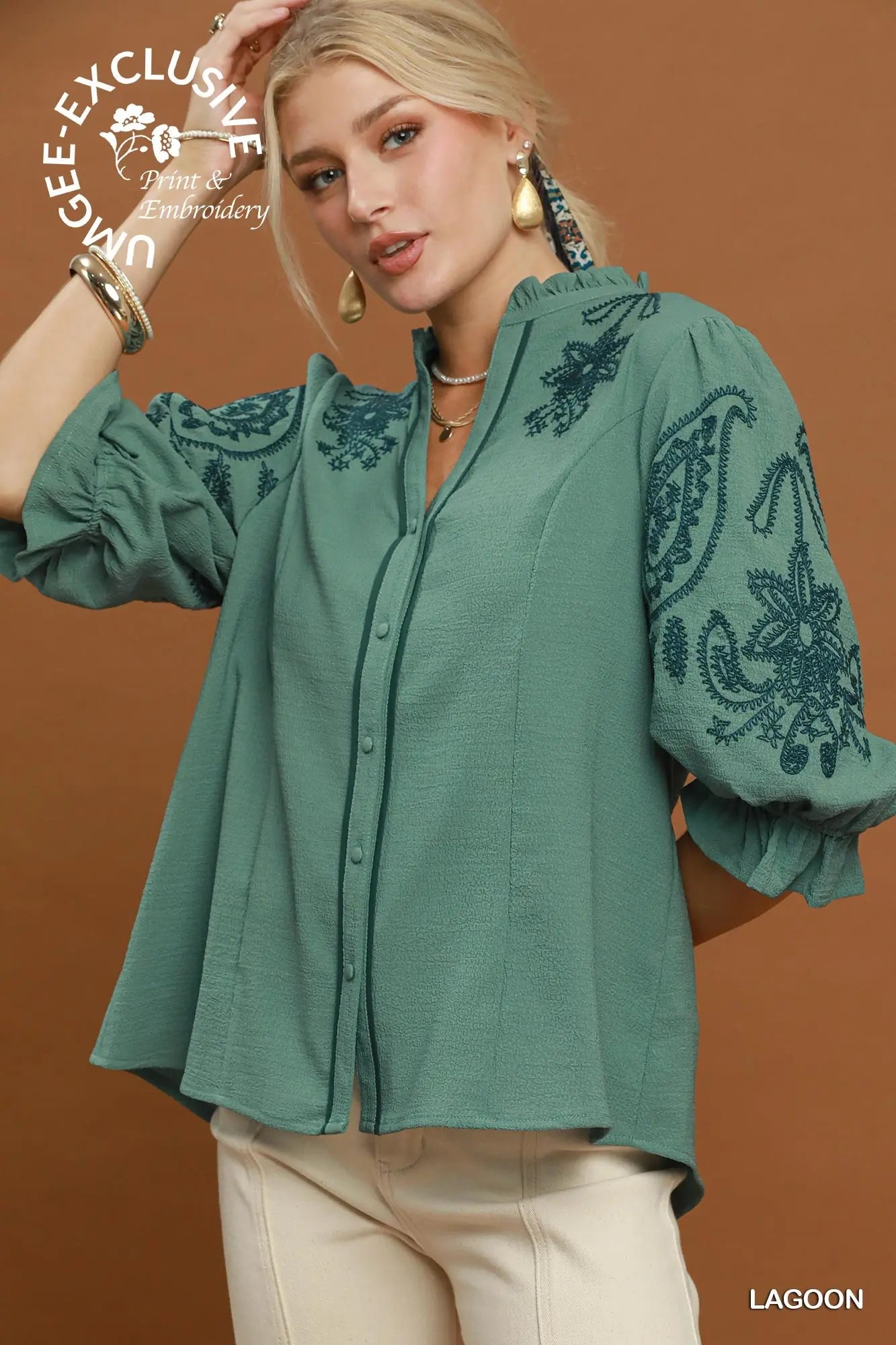 Claire Embroidery Ruffle Top: Lagoon