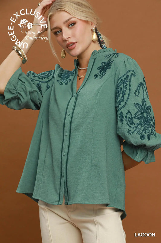 Claire Embroidery Ruffle Top: Lagoon