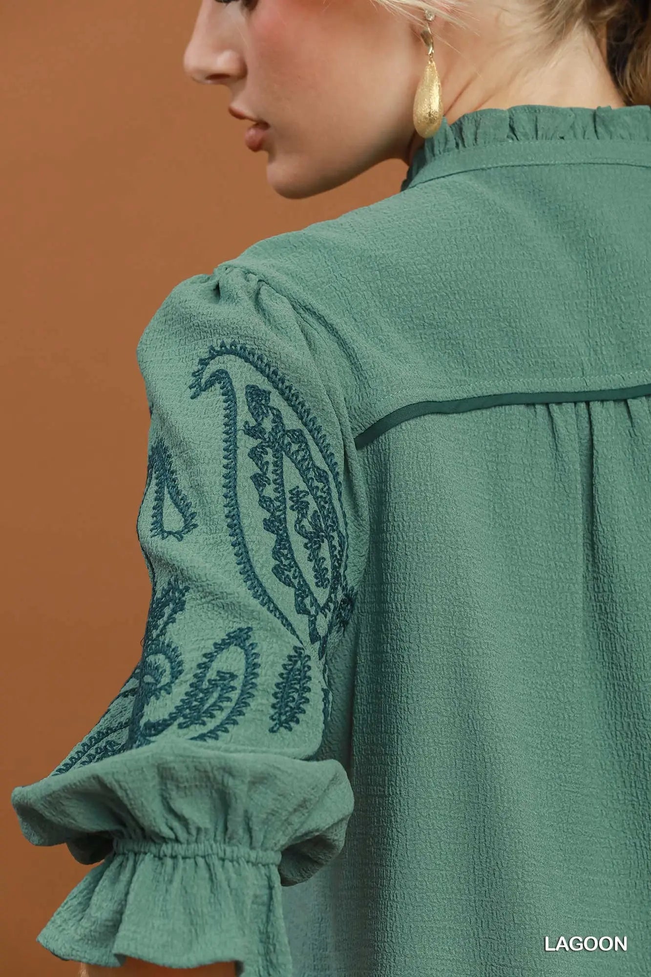 Claire Embroidery Ruffle Top: Lagoon