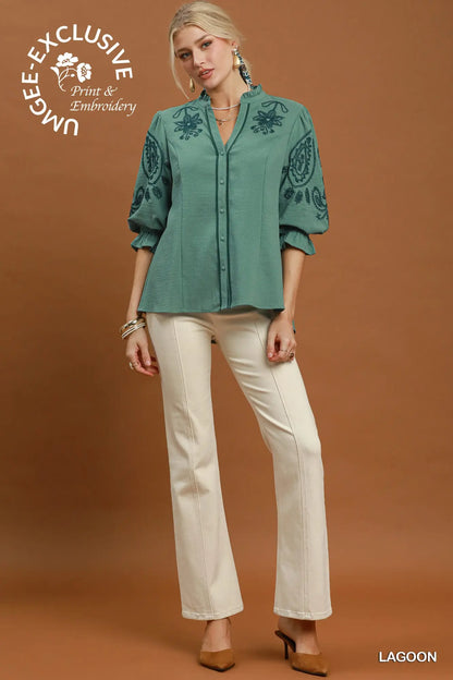 Claire Embroidery Ruffle Top: Lagoon