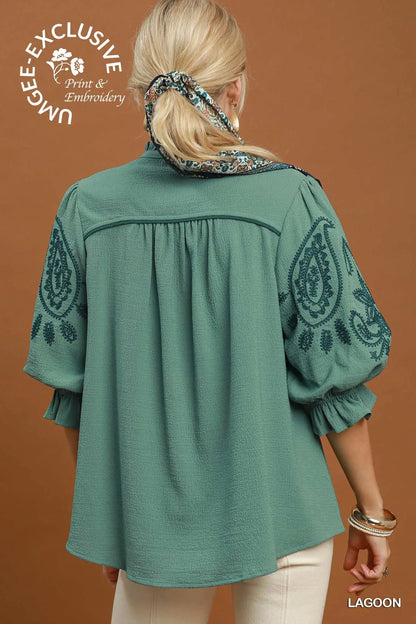 Claire Embroidery Ruffle Top: Lagoon