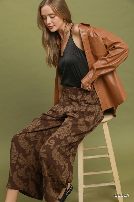 Ainsley Paisley Print Wide Leg Pants: Cocoa