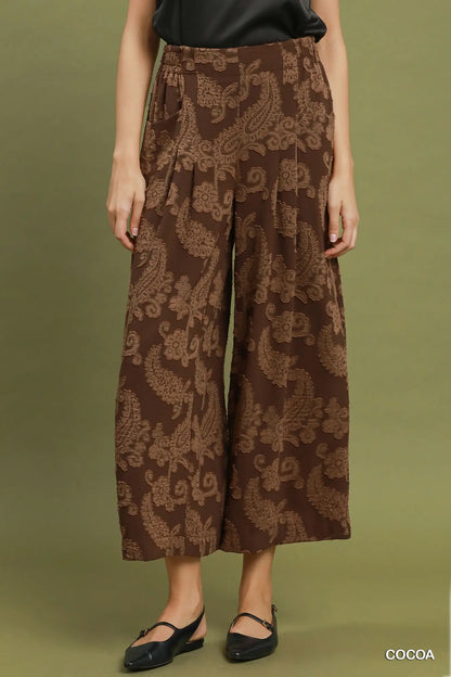 Ainsley Paisley Print Wide Leg Pants: Cocoa