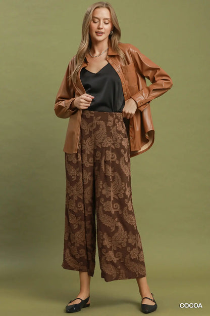 Ainsley Paisley Print Wide Leg Pants: Cocoa