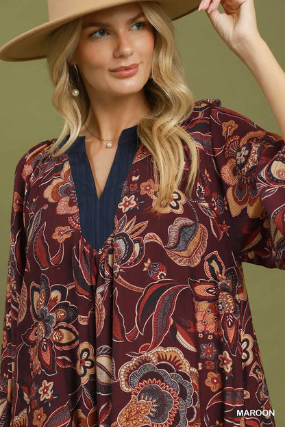 Maeve Floral Paisley Split Neck Mini Dress