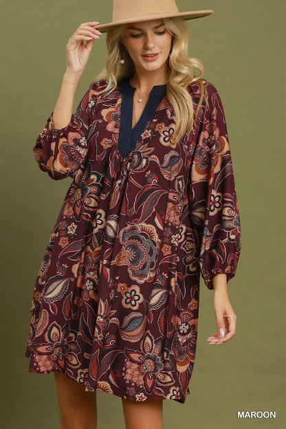 Maeve Floral Paisley Split Neck Mini Dress