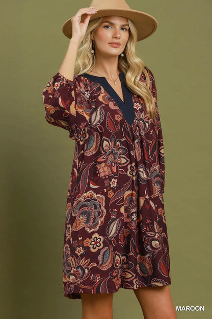Maeve Floral Paisley Split Neck Mini Dress