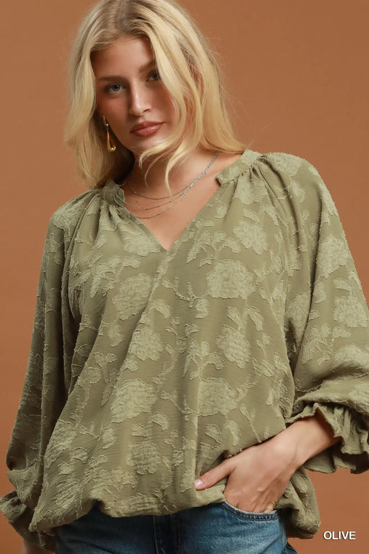 Nadia Jacquard Floral Bubble-Hem V-Neck Blouse: Olive