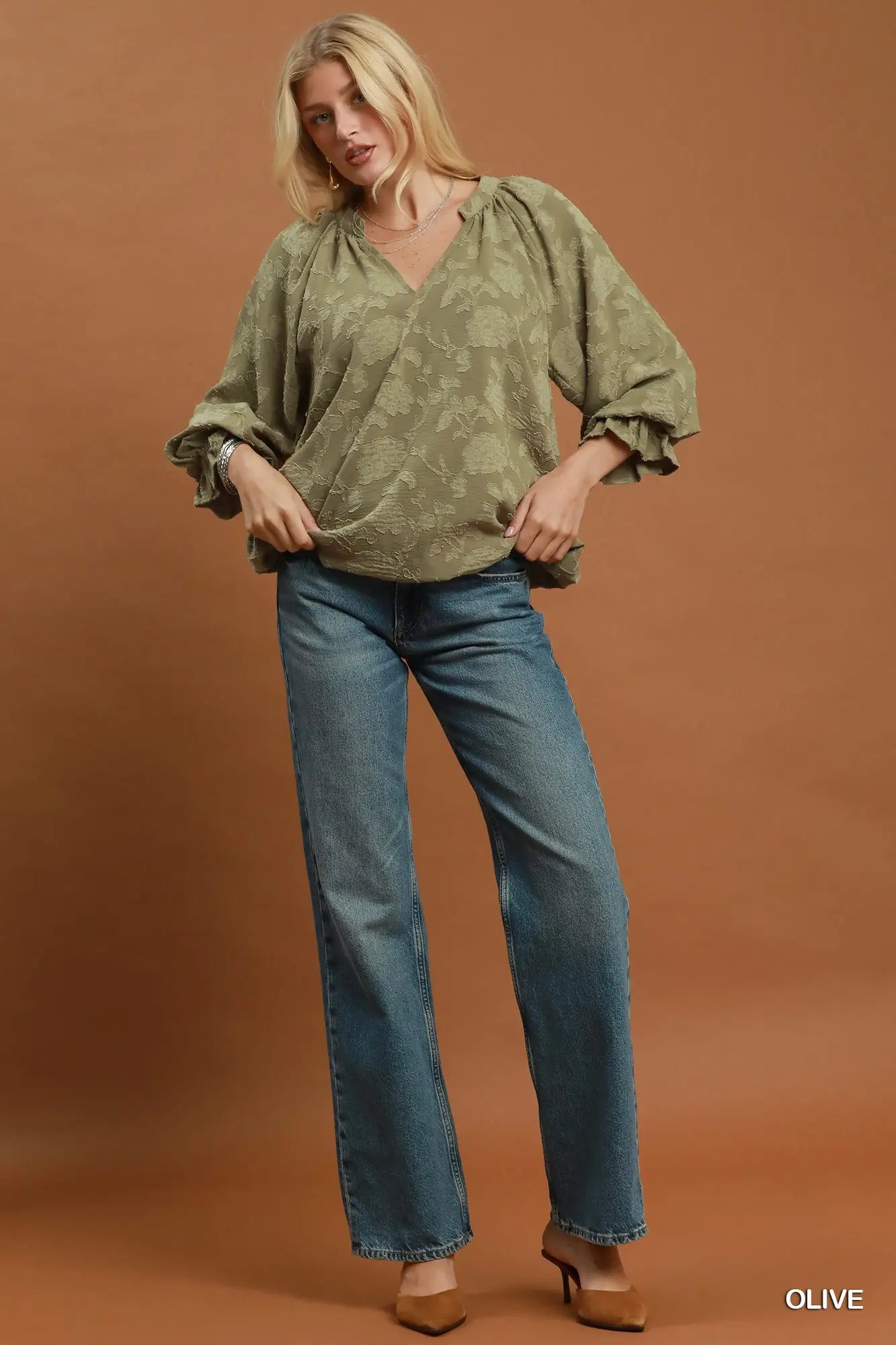 Nadia Jacquard Floral Bubble-Hem V-Neck Blouse: Olive