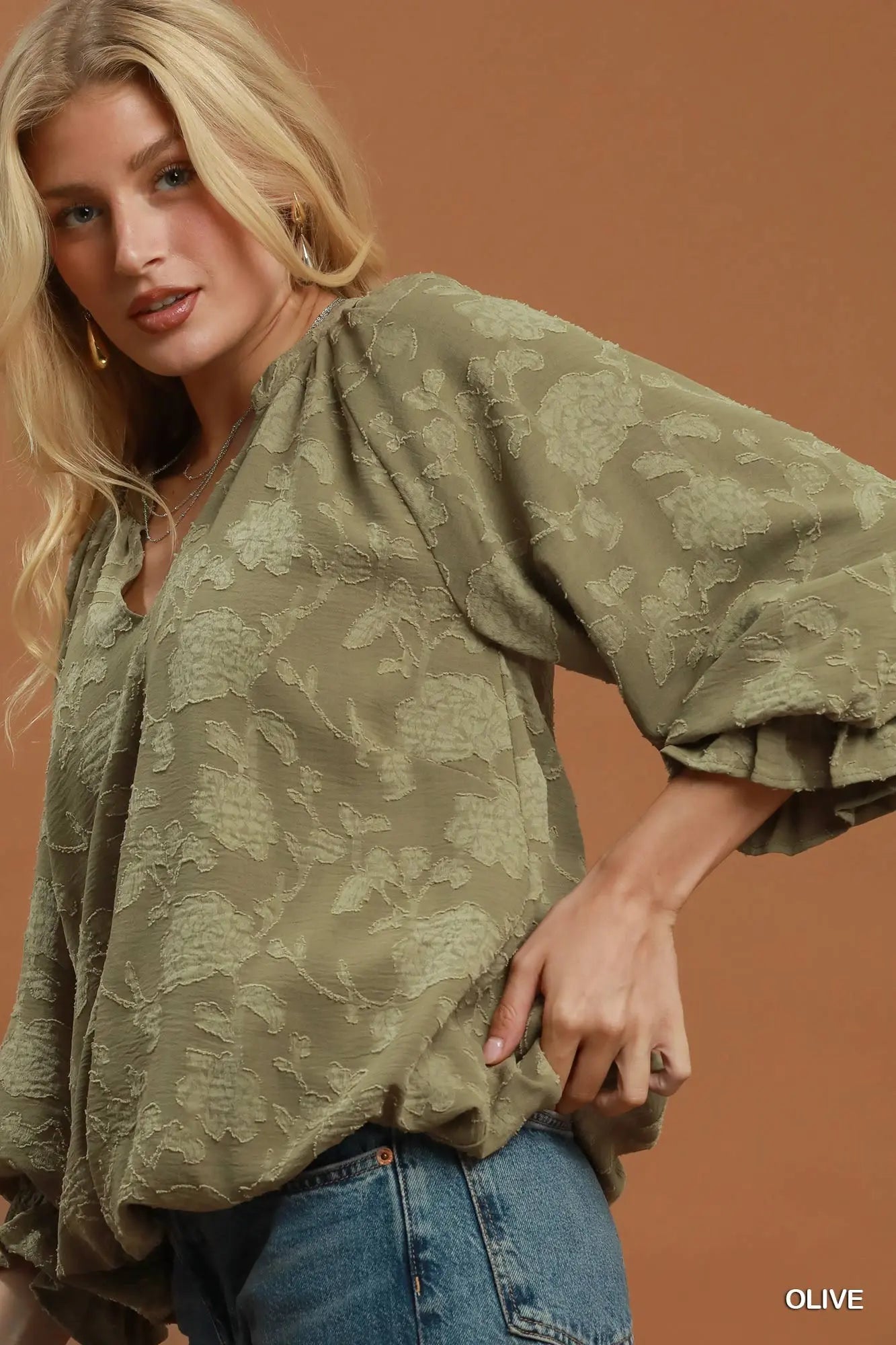Nadia Jacquard Floral Bubble-Hem V-Neck Blouse: Olive